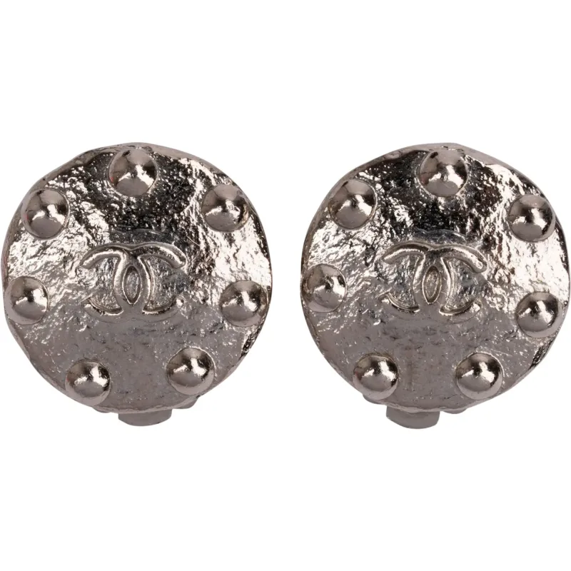 Chanel Hammered Studded 1997 CC Clip-On Earrings