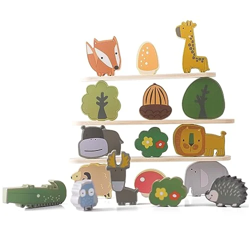 Wooden Stacking Game for Children, 18 Pieces Animal Plants Toy in Forest Style, Forest Rustic Decoration for Home Decor and Children's Room