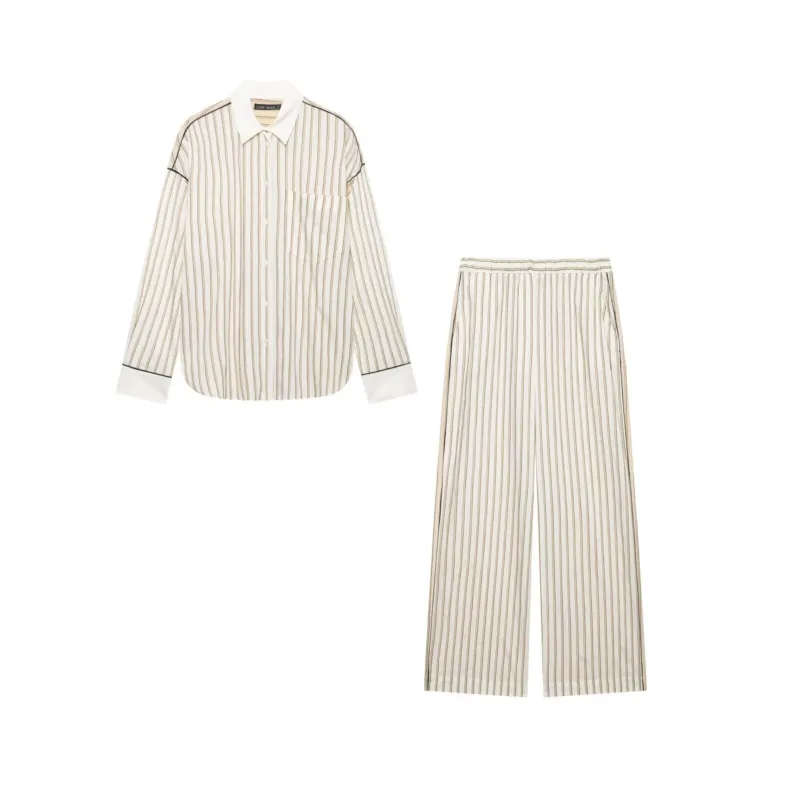 Damen Elegantes Zweiteiliges Satin-Schlafanzug-Set mit Oversized-Hemd und Palazzohose Echo Archiv