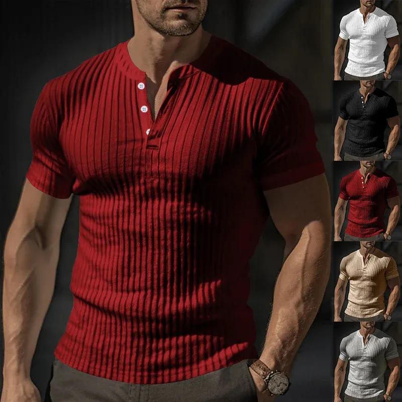 Herren kurzärmeliges Henley-T-Shirt aus strukturiertem Baumwollmix – Marzano