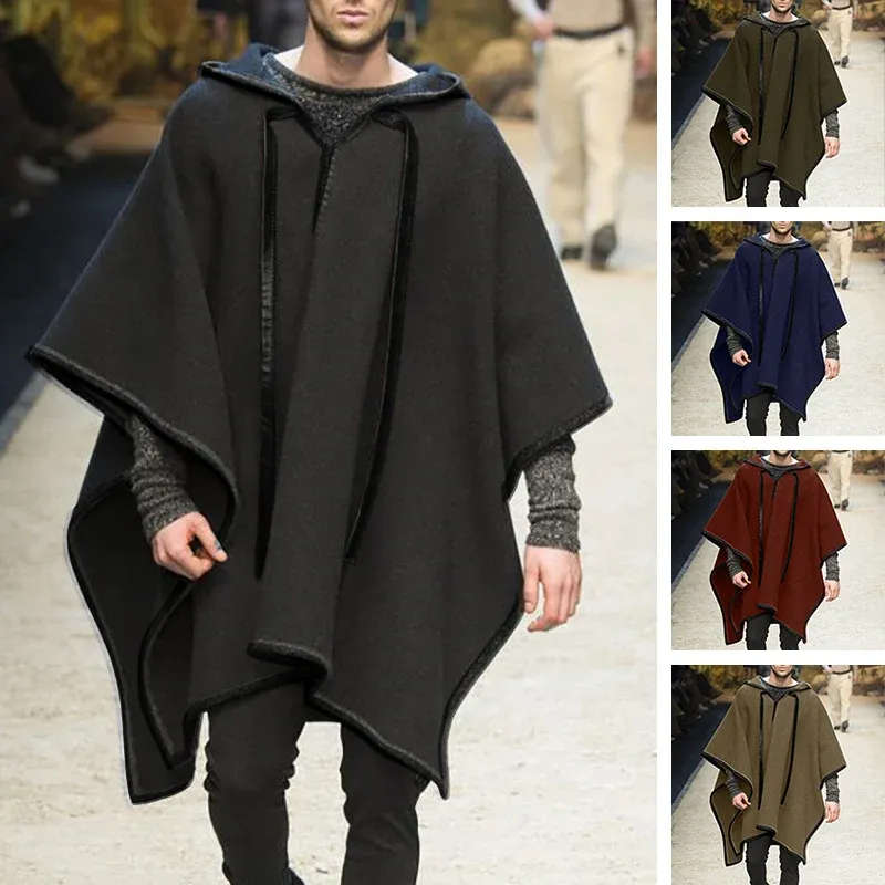 Herren Oversized Kapuzenponcho aus Strick mit geometrischem Mosaikmuster – Cavarno