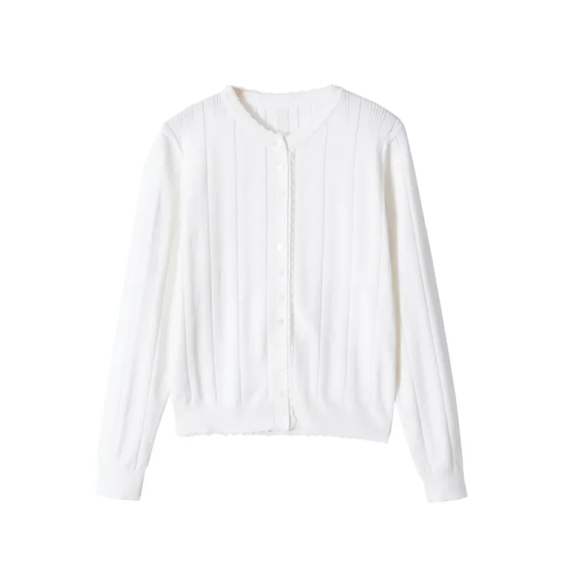 Damen Cropped Feinstrick-Cardigan mit Lochstreifen, Rundhals und Zierknopfleiste Echoarchiv