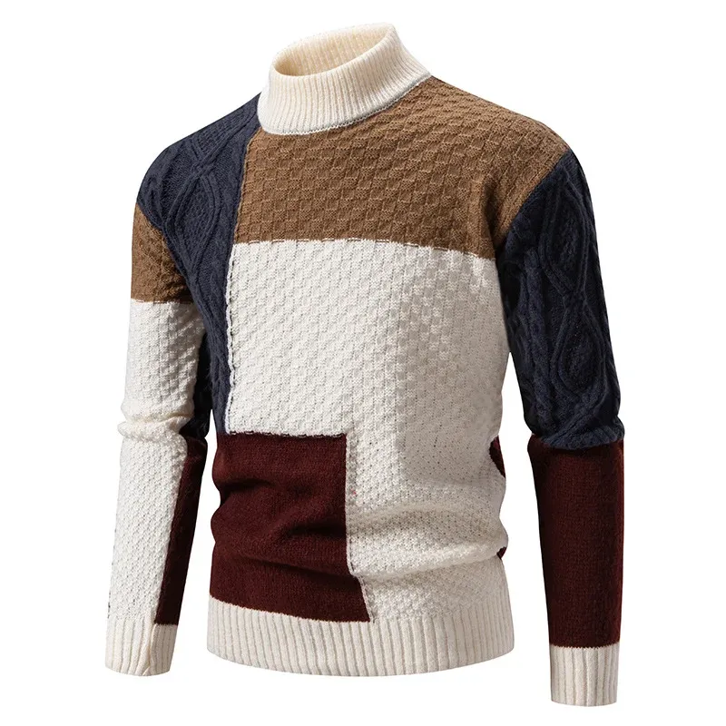 Herren modischer Grobstrickpullover mit hochgeschlossenem Kragen und strukturiertem Farbblockdesign – Norvane