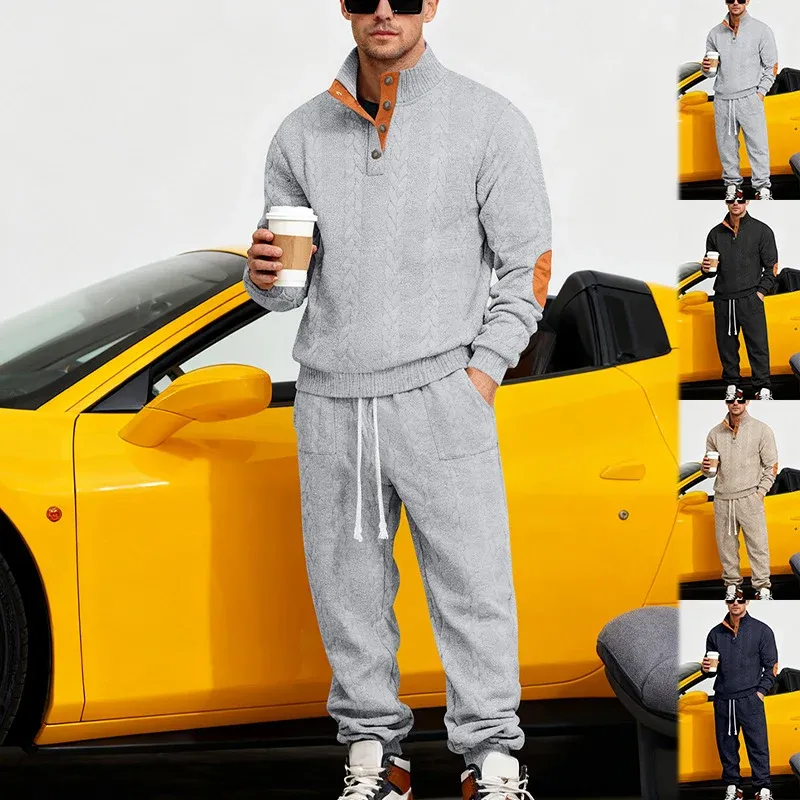 Herren Strickkombination aus Pullover und Jogginghose mit Zopfmuster und Ellenbogenbesatz – Marzano