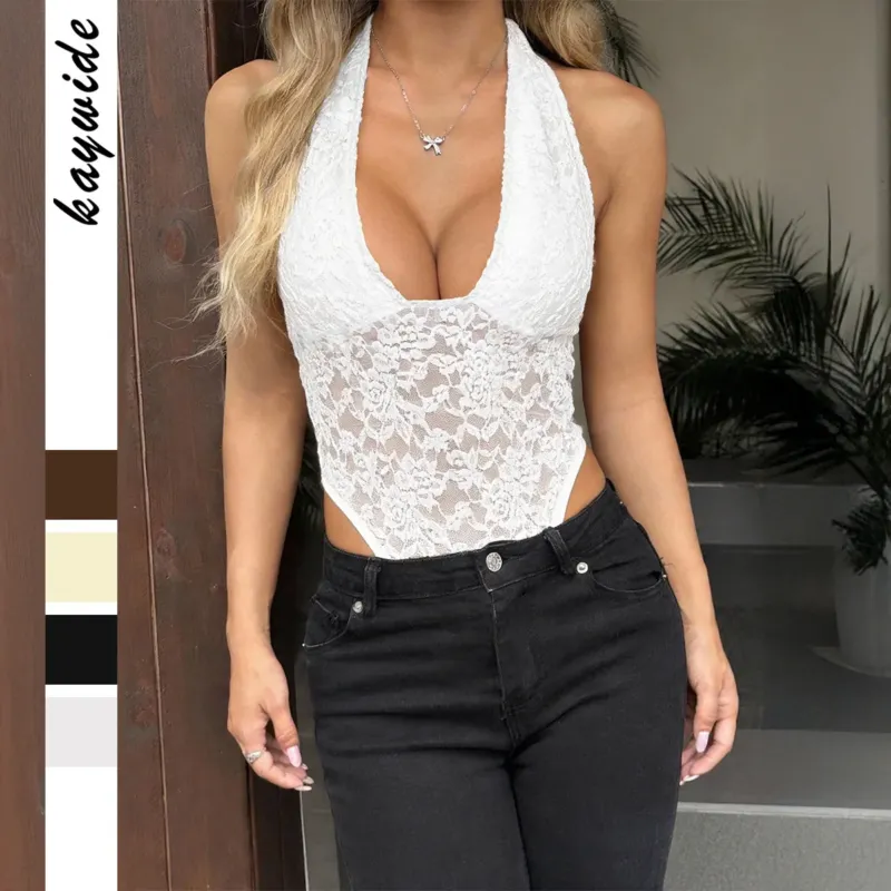 Damen Spitzenbodysuit mit tiefem V-Ausschnitt und Neckholder-Design – Bodéline