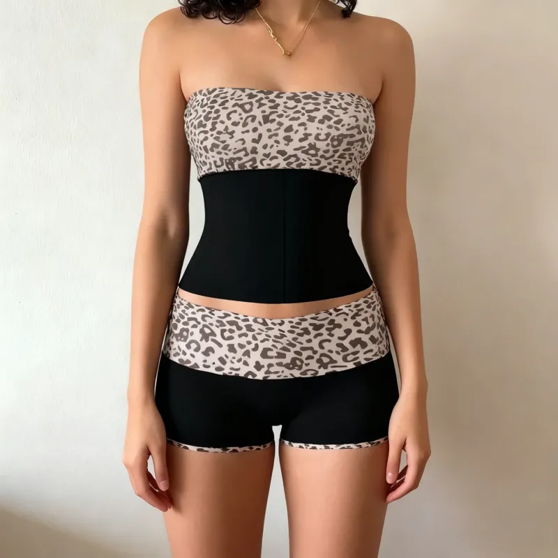 Damen Bandeau-Bikini-Set mit modischem Leopardenmuster und bequemen Shorts – Maréssa