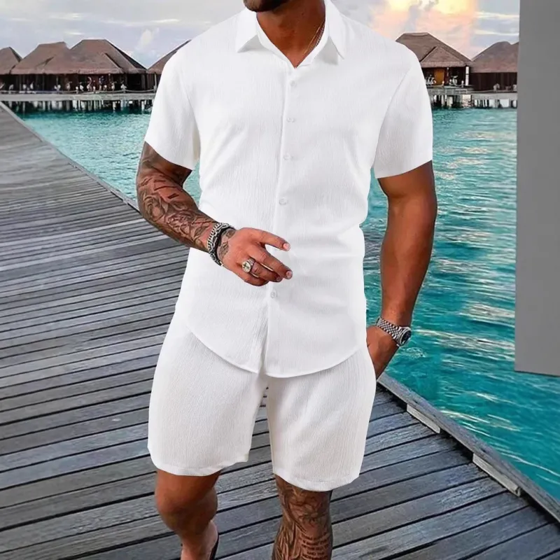 Herren lässiges Shorts-Set mit knöpfbarem Oberteil und elastischem Bund – Averon