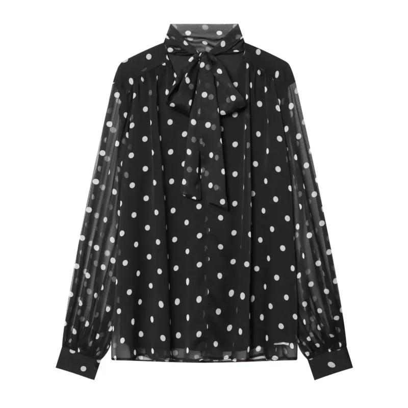 Damen Chiffonbluse mit Polka-Dot, Schleifenbindekragen und transparenten Ballonärmeln Echo Archiv